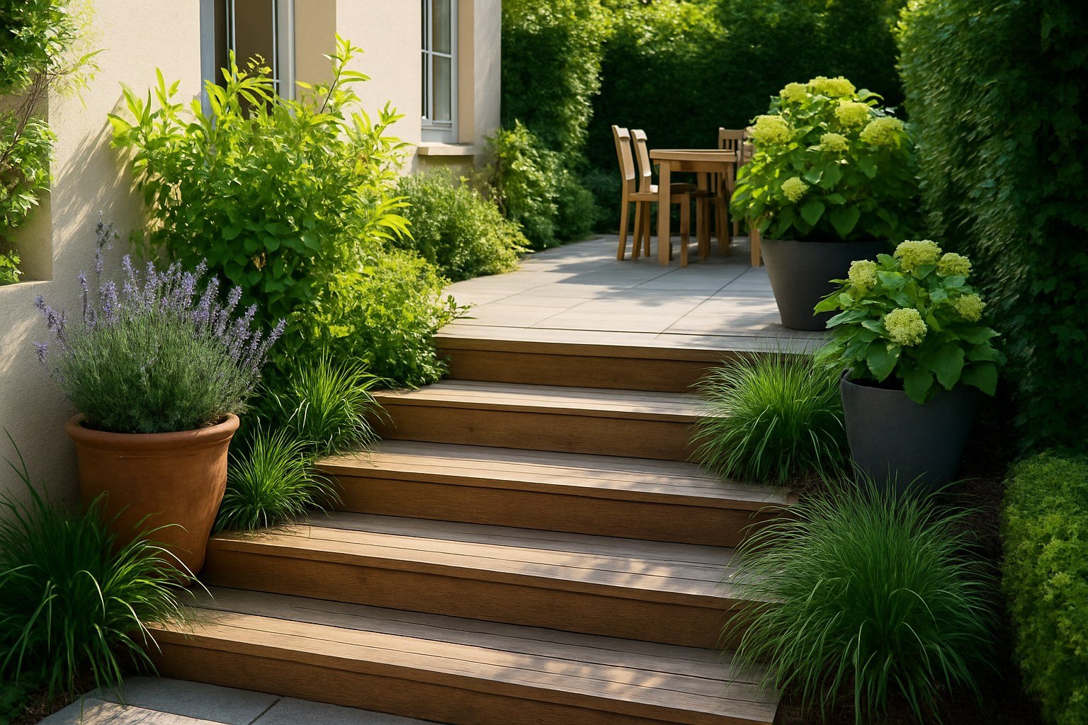 Terraza con escalones de madera resolviendo un cambio de altura, plantas en los laterales