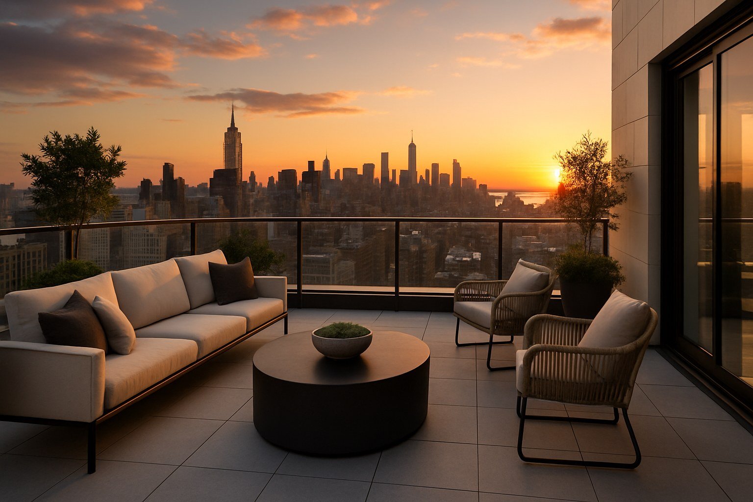 Terraza de ático con vistas panorámicas al skyline de la ciudad, muebles elegantes