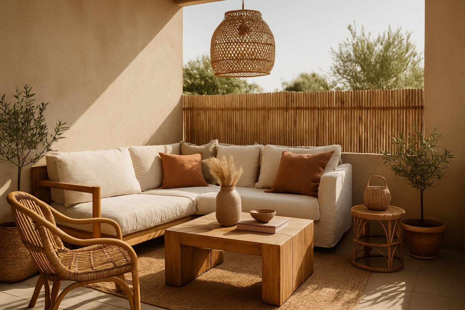 Terraza decorada con colores tierra armoniosos y texturas mixtas de lino, madera y ratán