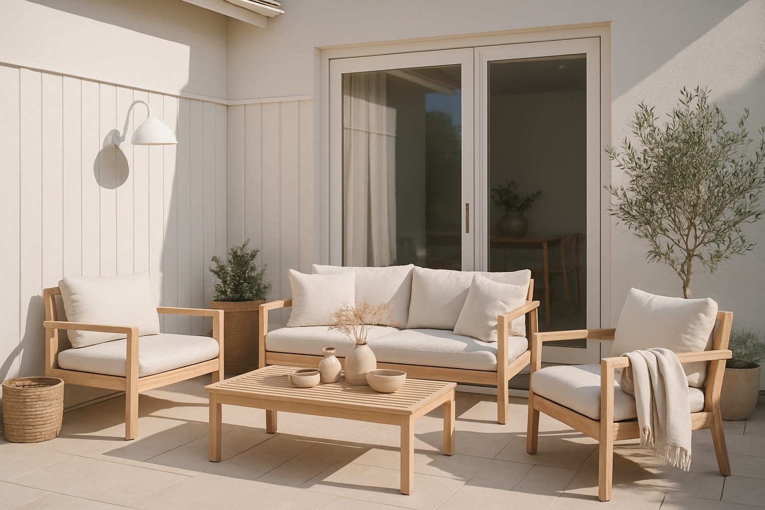 Terraza minimalista de estilo escandinavo con muebles de madera clara y tonos neutros