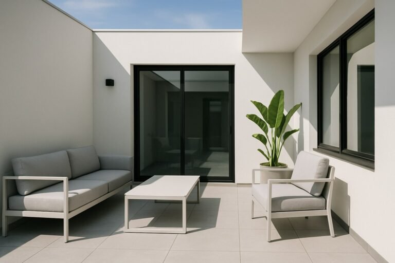 Terraza moderna minimalista con líneas limpias, tonos neutros y una planta de acento