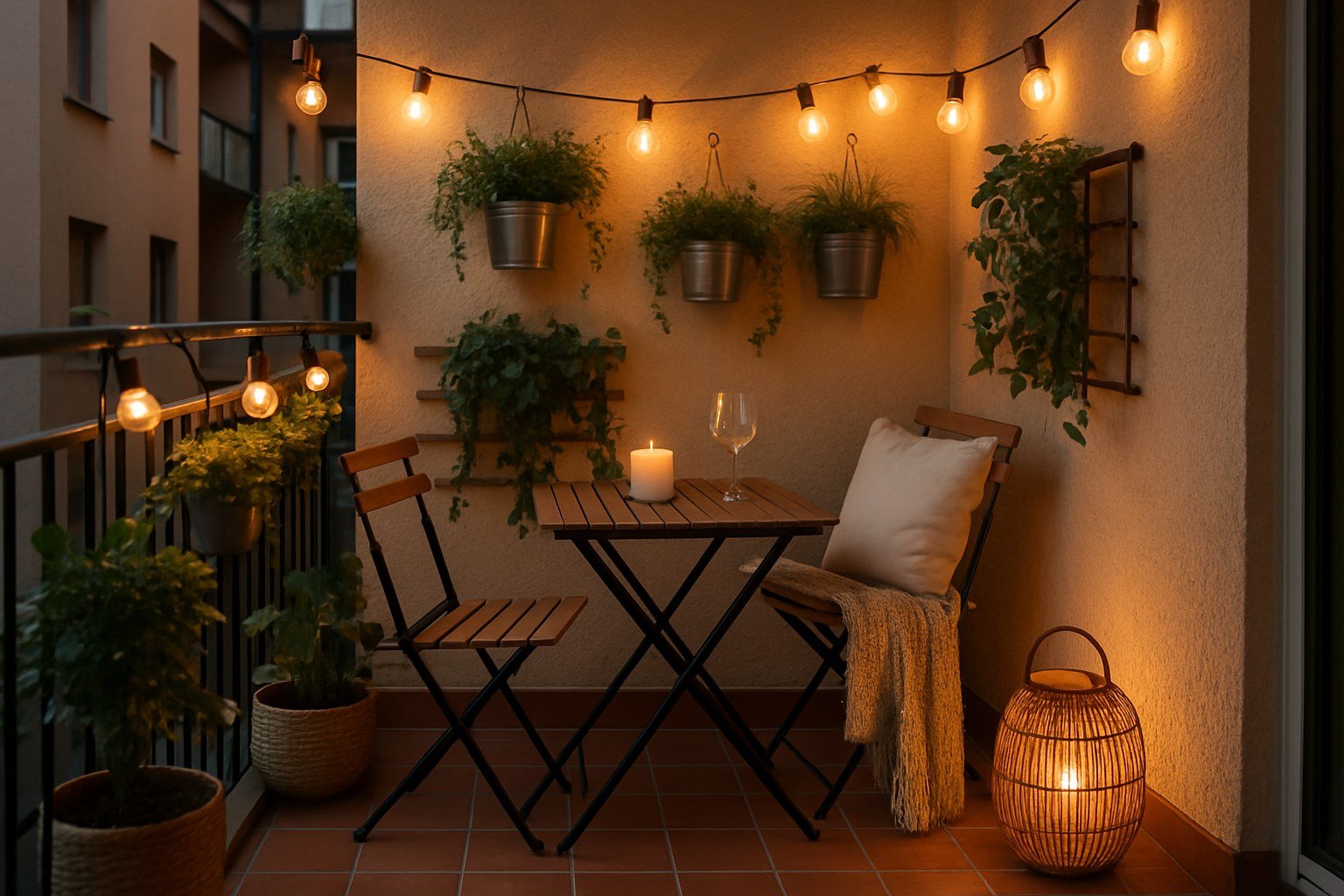 Terraza pequeña decorada con muebles plegables, plantas colgantes y luces cálidas