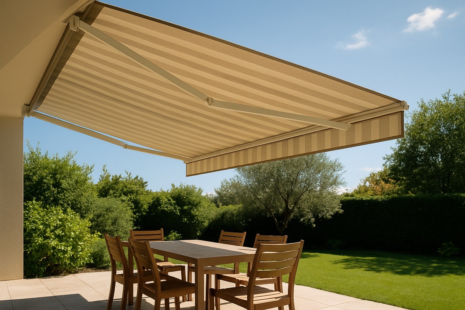 Toldo de terraza extendido sobre una zona de comedor dando sombra en un día soleado