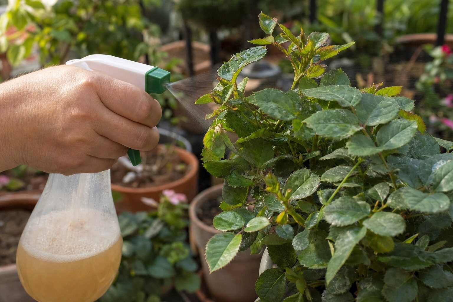 Tratamiento natural con jabón potásico contra plagas en plantas de terraza