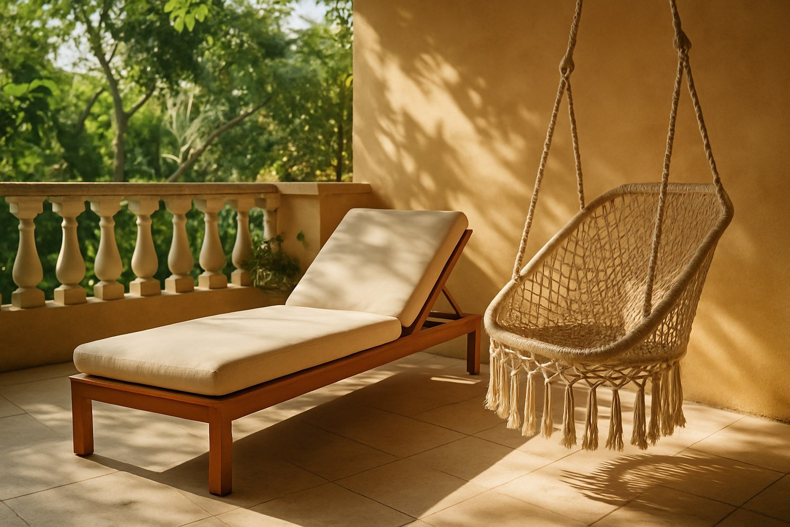 Tumbona cómoda y silla hamaca de fibra natural en una terraza con luz moteada