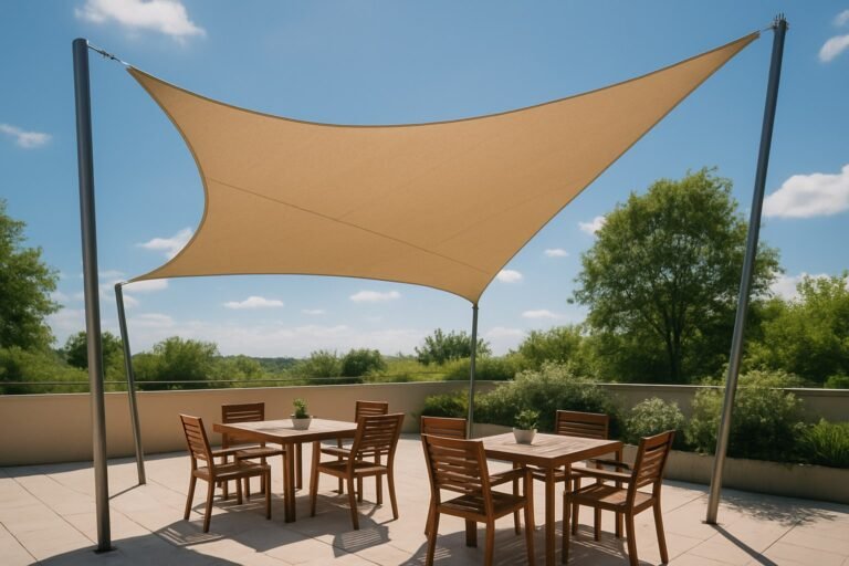 Vela de sombra triangular tensada sobre una zona de comedor de terraza
