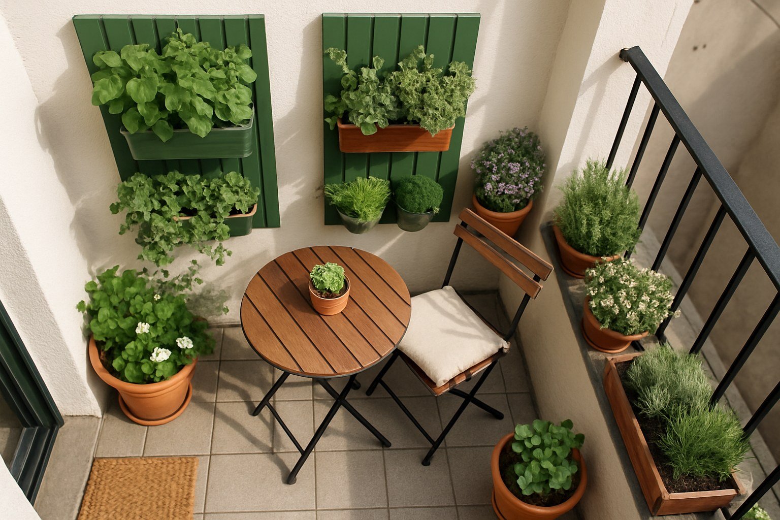 Vista cenital de un balcón pequeño con jardineras verticales y mesa auxiliar
