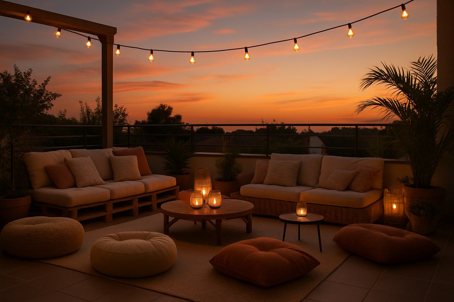 Zona chill out de terraza con asientos bajos, cojines de suelo y luces al atardecer