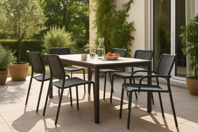 Zona de comedor de terraza amueblada con sillas de jardín apilables alrededor de una mesa