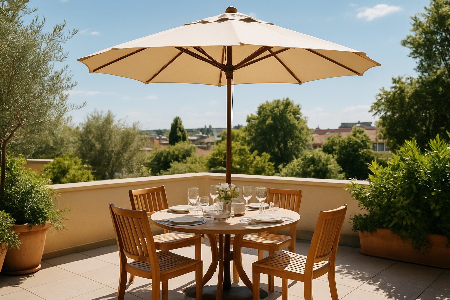 Zona de comedor de terraza con sombra de una sombrilla grande en un día soleado