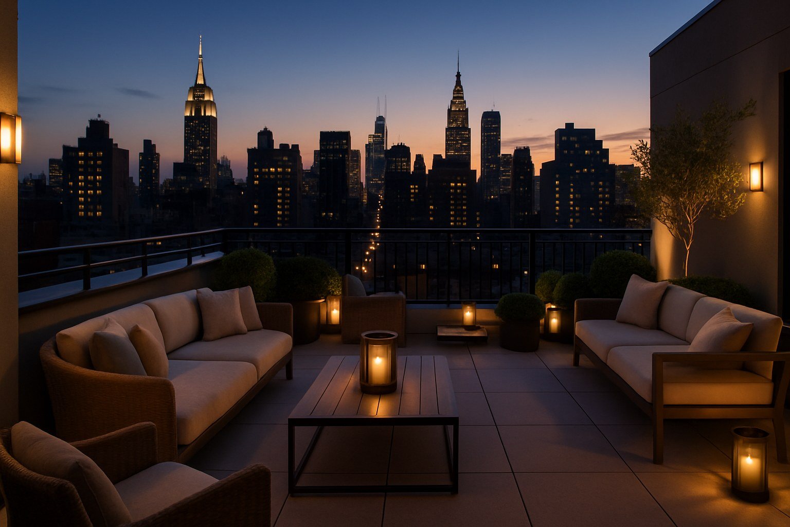 Zona de estar de terraza de ático con vistas al atardecer