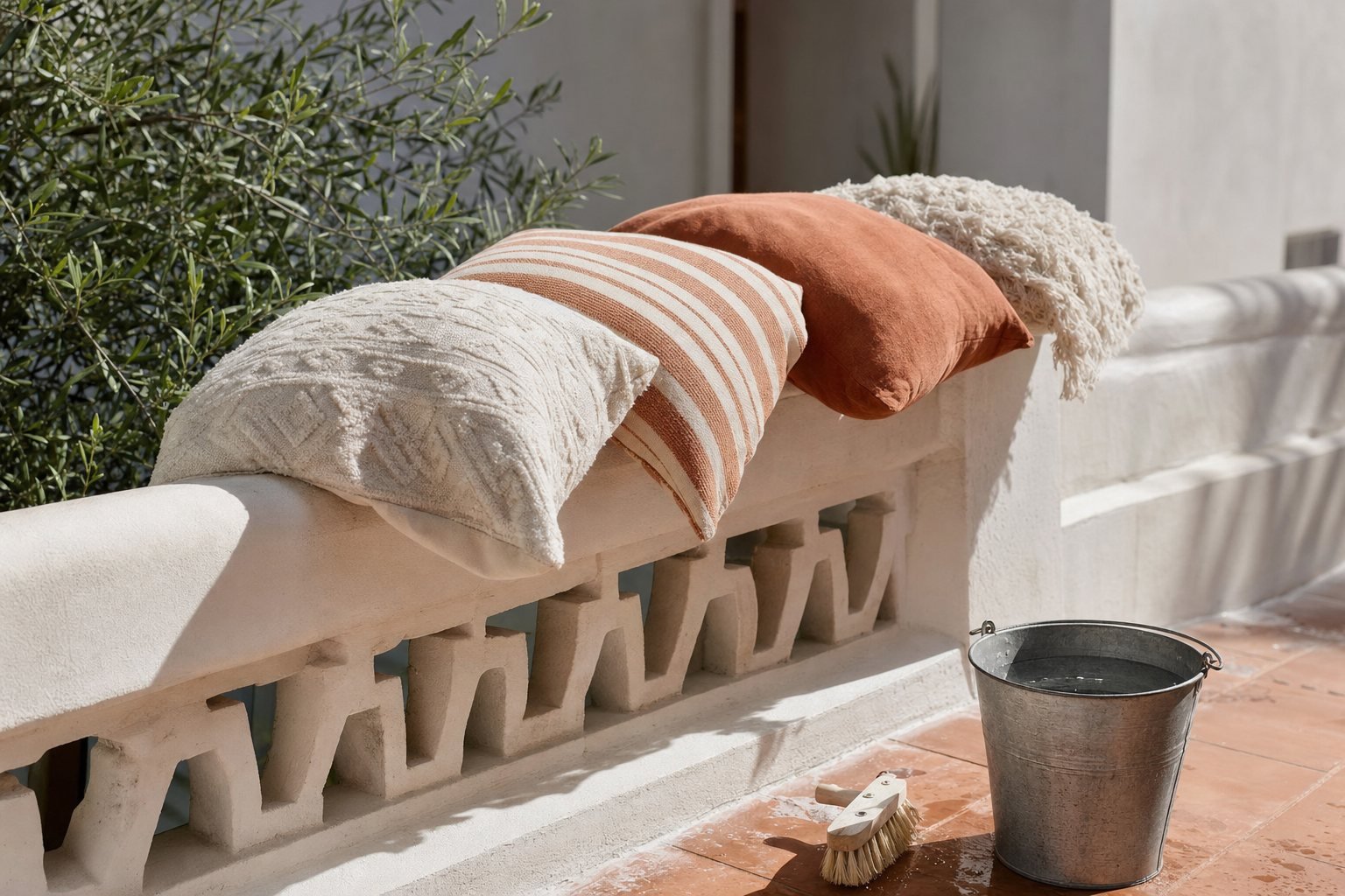 Cojines de exterior secándose al sol tras la limpieza