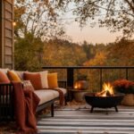 Terraza decorada en otoño con cojines terracota, farol y brasero