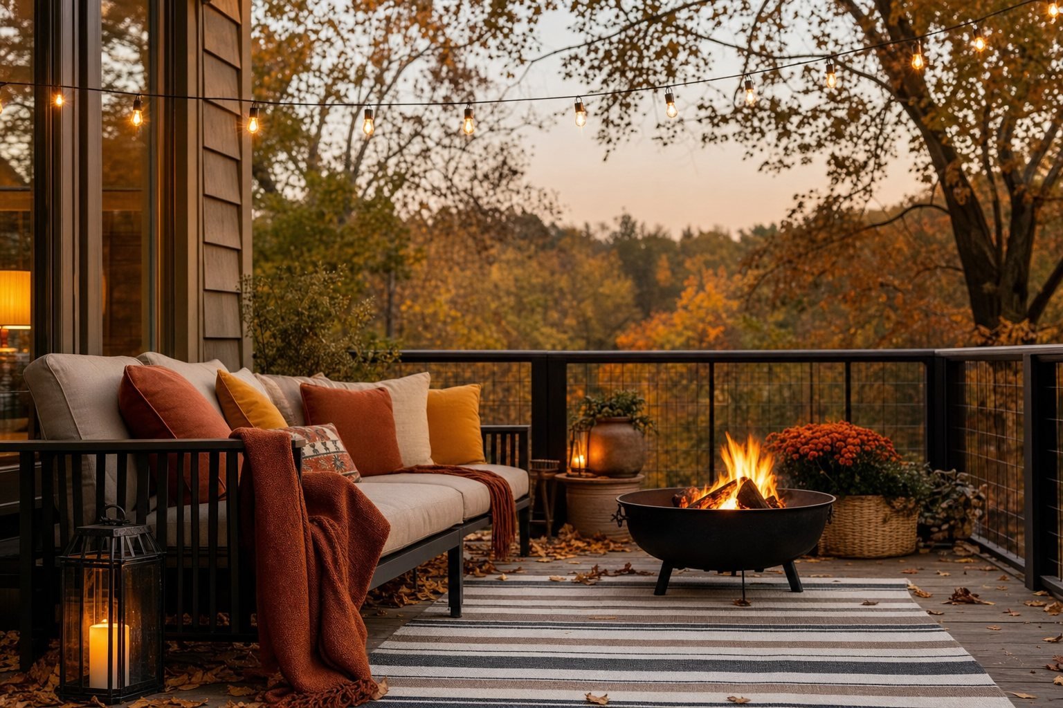 Terraza decorada en otoño con cojines terracota, farol y brasero