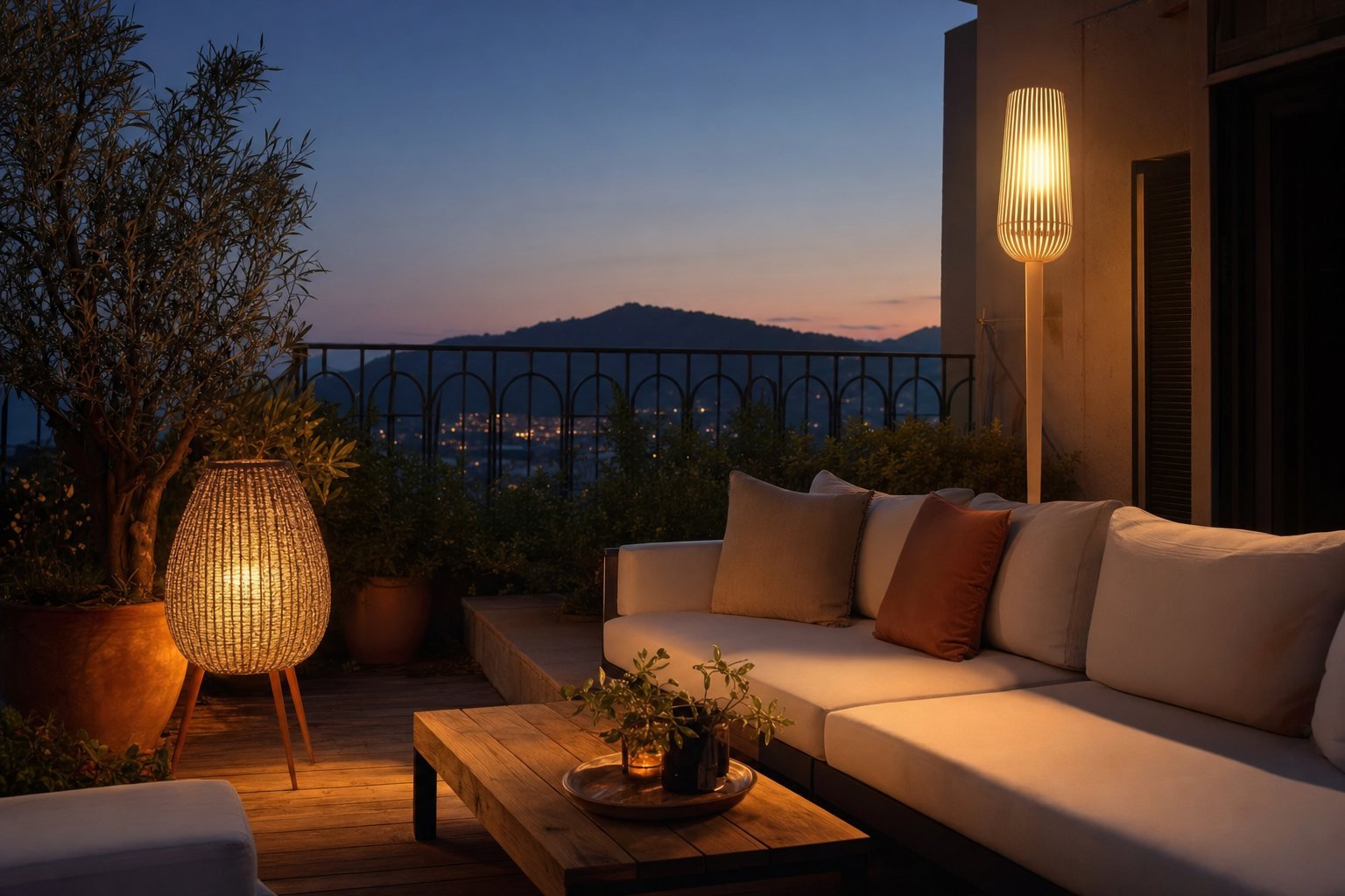 Lámpara de pie inalámbrica de ratán iluminando una terraza al anochecer