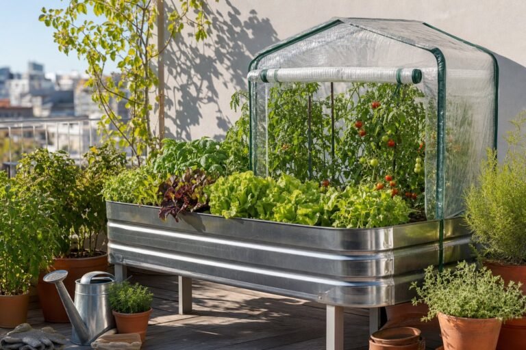 Huerto urbano en una terraza con jardinera elevada de metal, tomateras y un pequeño invernadero