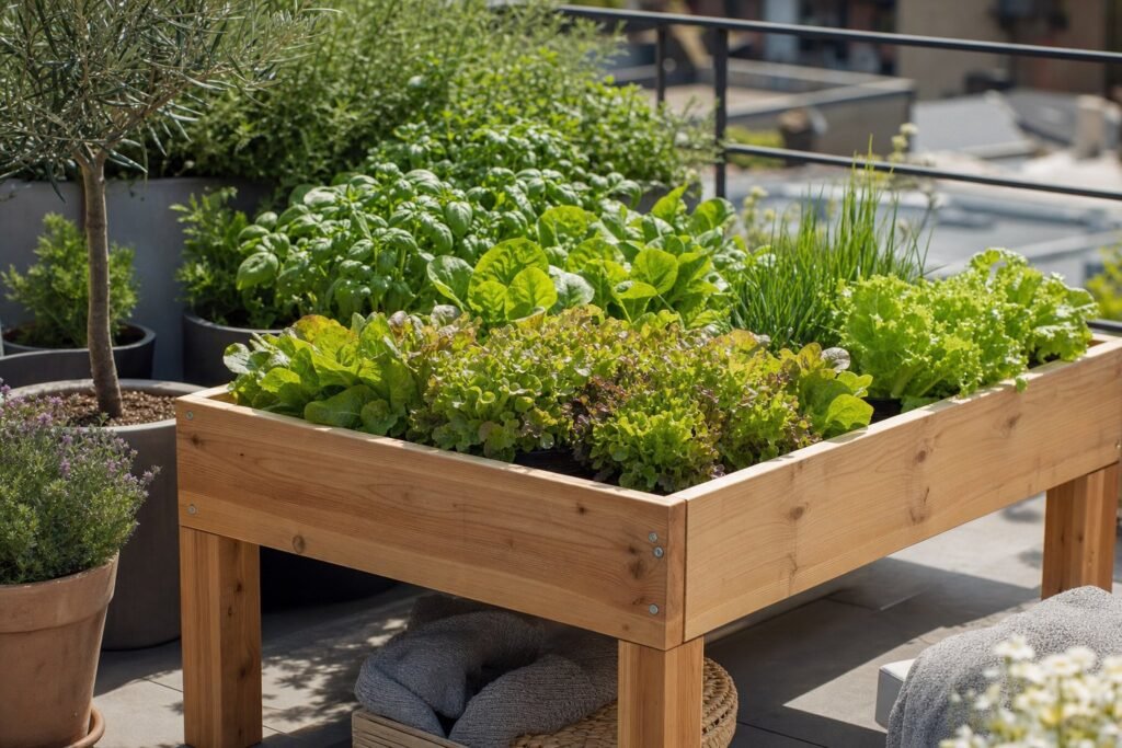 Cuadro de cultivo elevado con lechugas y hierbas en una terraza
