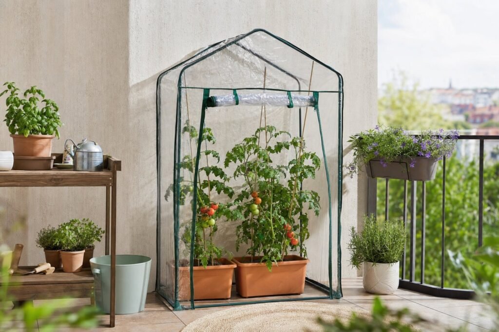 Invernadero pequeño con tomateras en una terraza