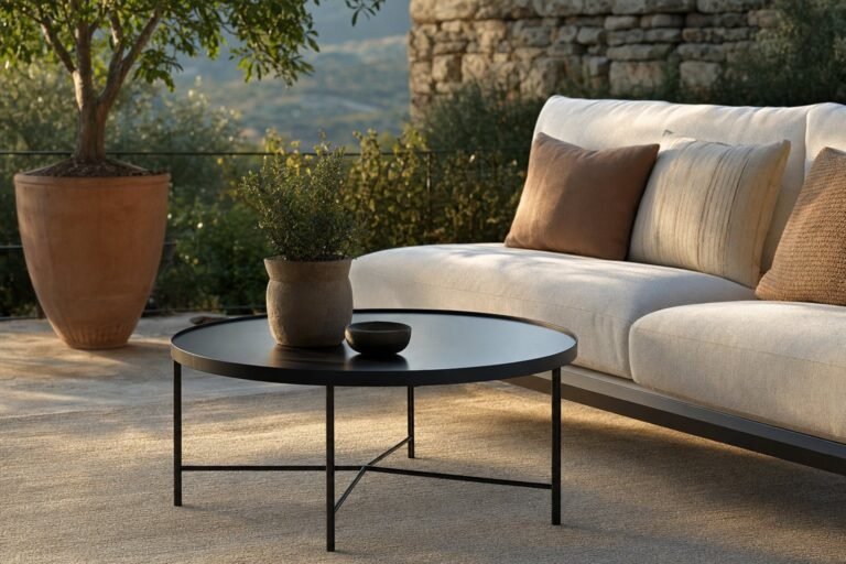 Mesa de centro redonda de exterior junto a un sofá en una terraza