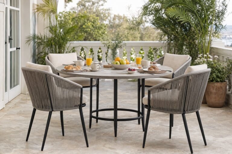 Mesa de exterior redonda con cuatro sillas en una terraza soleada