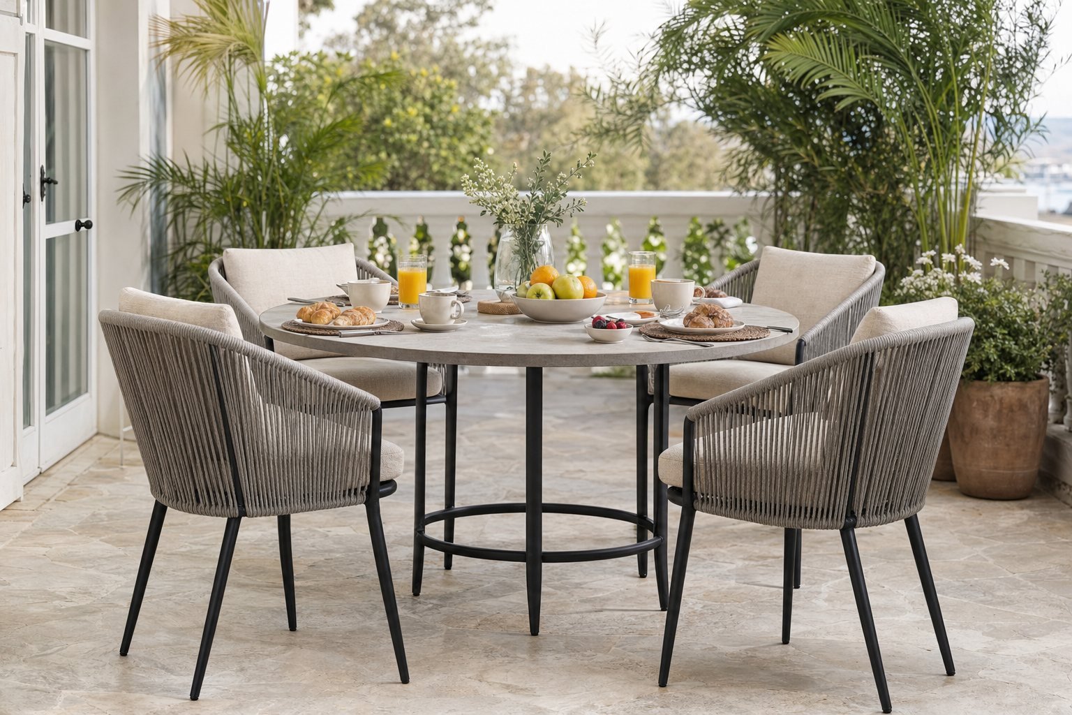 Mesa de exterior redonda con cuatro sillas en una terraza soleada