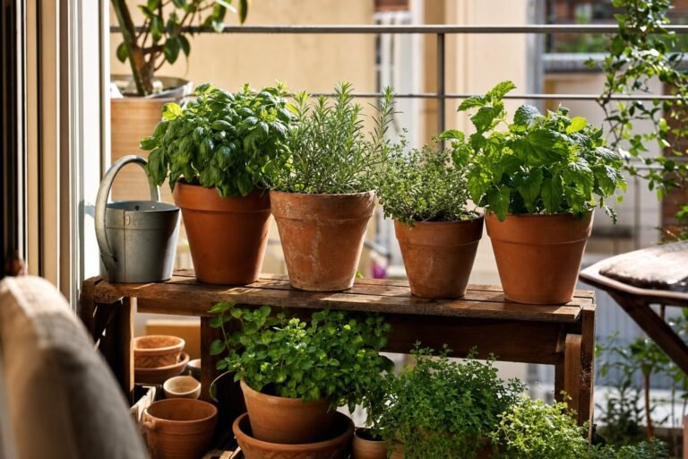 Macetas de plantas aromáticas en un balcón soleado