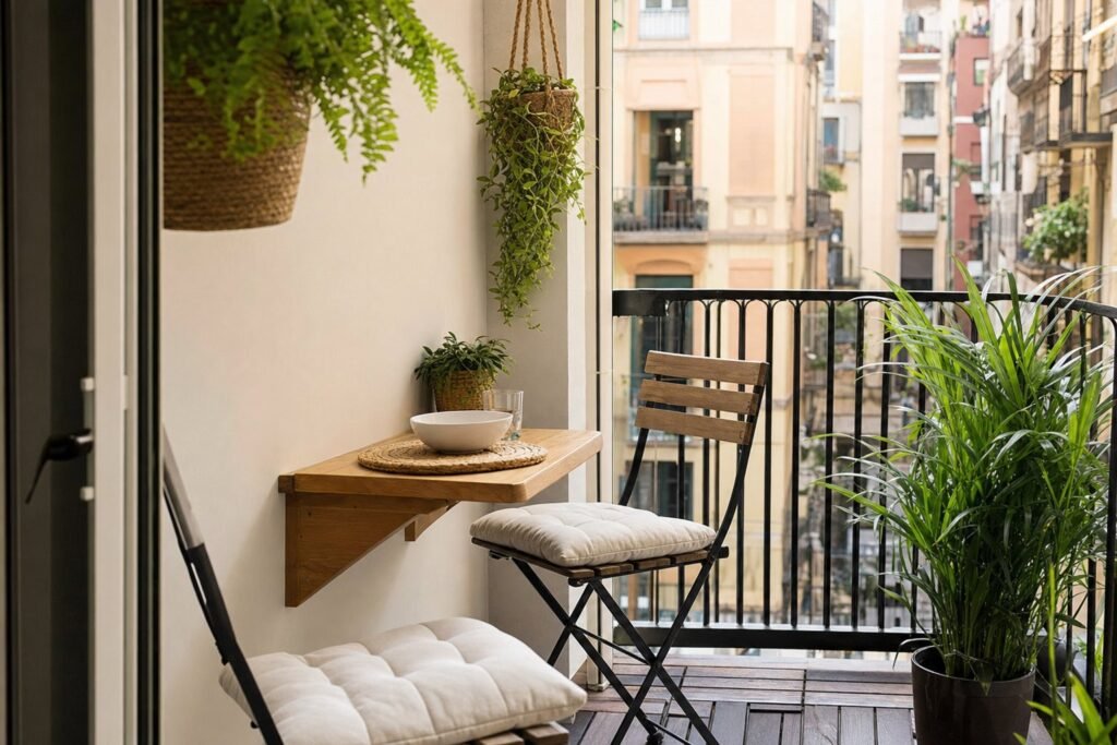 Mesa abatible de pared en un balcón pequeño