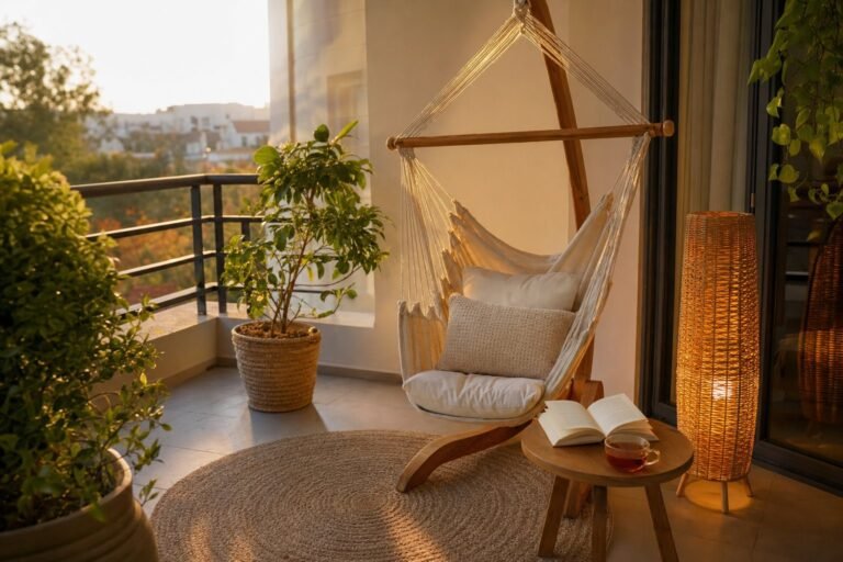 Rincón de lectura en una terraza con hamaca, lámpara de pie de ratán y alfombra de exterior