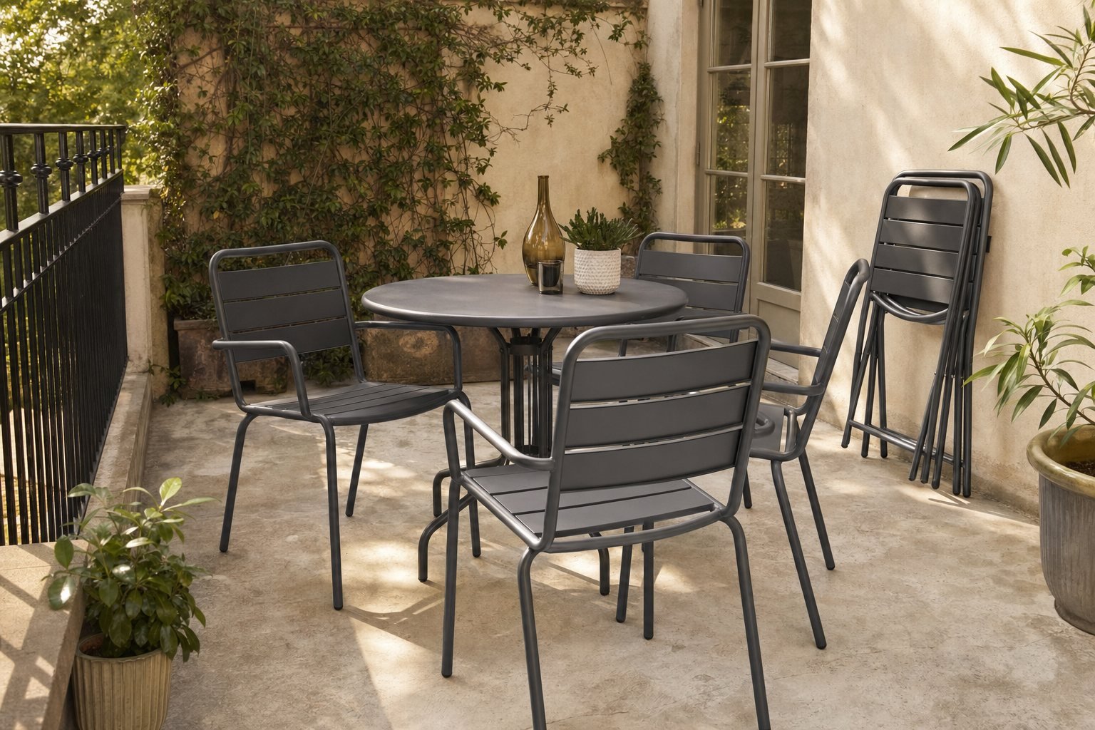 Sillas de exterior apilables de metal alrededor de una mesa en una terraza