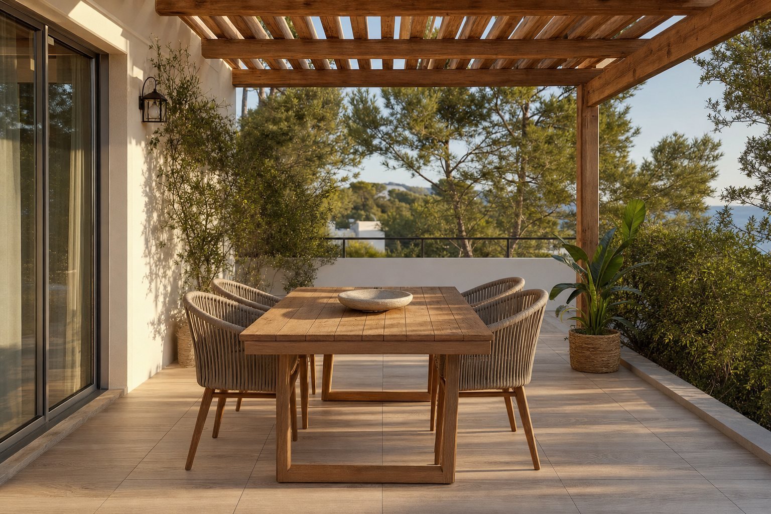 Suelo de baldosas de madera bajo una pérgola con mesa y sillas
